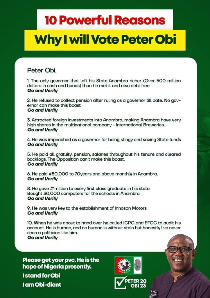 10 powerful reasons why I will Vote Peter Obi

With this following point of Mine, I hope I've been able to convince you not to confuse you that Peter Obi is better than #thiefnubu and Atiku. Thank you😅

#PeterObi4President