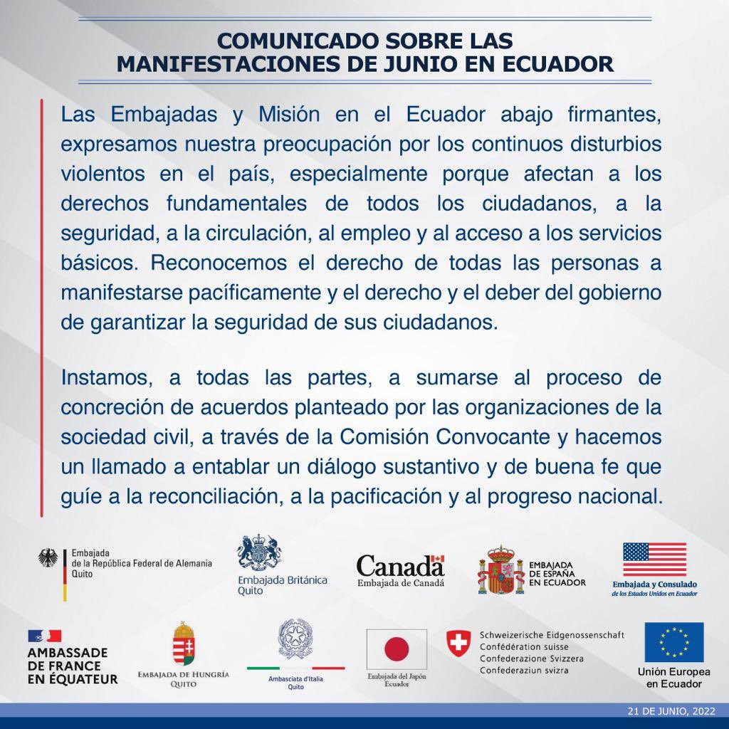 La Embajada de Alemania junto a sus pares de 🇬🇧🇨🇦🇪🇸🇺🇸🇫🇷🇭🇺🇮🇹🇯🇵🇨🇭🇪🇺 expresan su preocupación frente a la situación actual que vive el país y reitera de forma imperiosa el llamado al #diálogo. 

#ParoNacional2022 #JuntosConstruimosLaPaz