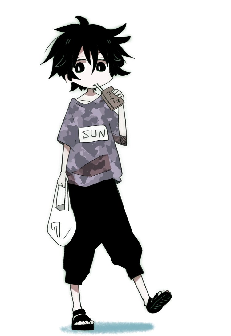 1boy male focus solo black hair plastic bag sandals bag  illustration images