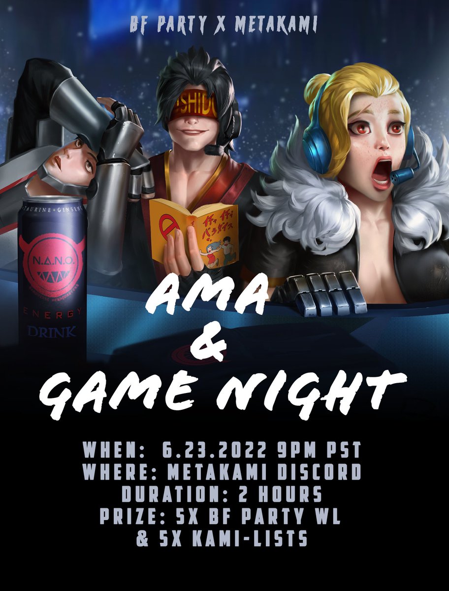 We are happy to announce our cross-community AMA and Game Night Event with <a href="/B_F_Party/">B.F.Party</a>! 👾

There will be opportunities for participants to win 5x BF Party WL and 5x Kami-Lists! 

Join our Discord discord.gg/metakamioffici… and RSVP here: forms.gle/GPmsa37jYpNiaS…!