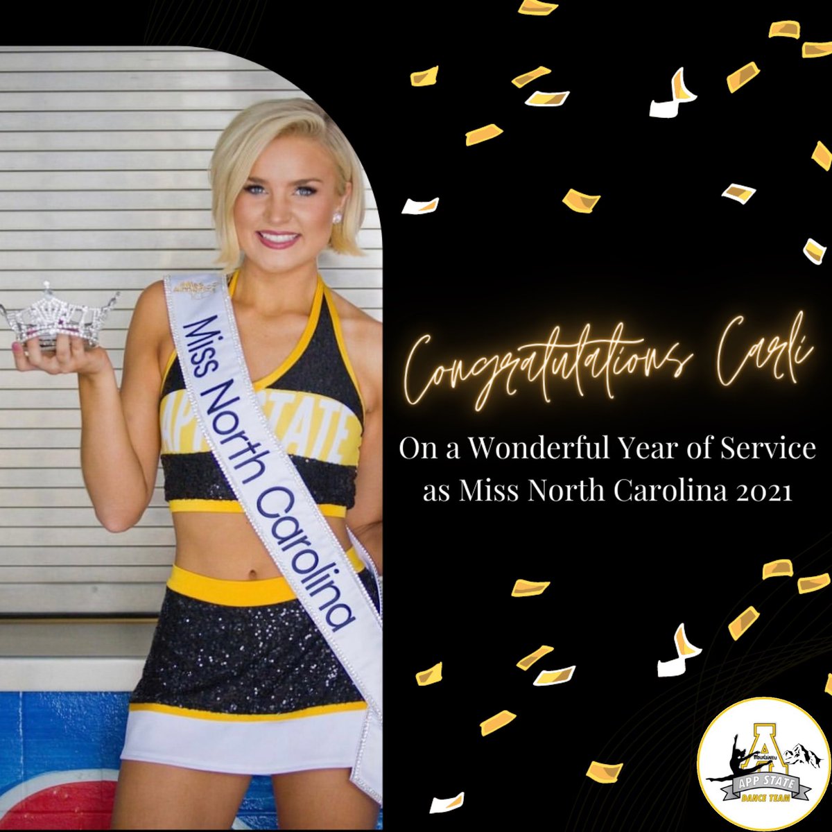 As her year of service comes to a close, the App State Dance Team would like to congratulate Alum Carli Batson on a wonderful year representing the state of NC as Miss North Carolina 2021.💛✨