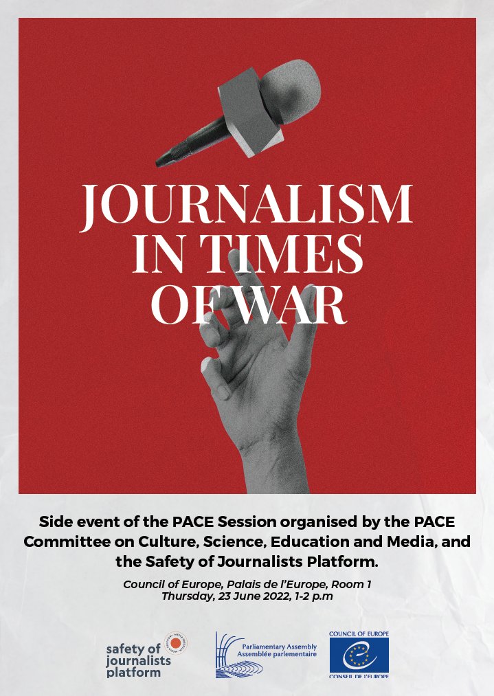CoEMediaFreedom's tweet photo. Join us tmr for the @PACE_News event "Journalism in times of war", 1pm, Room 1, Palais de l'Europe, with @Sarah_M_Clarke @Molenews1 @fluturakusari, Lina Kushch &amp; Maria Ordzhonikidze. Moderated by PACE General Rapporteur on Media Freedom Mogens Jensen 
https://t.co/EIt2f5ch6S https://t.co/POjmA1Dy40
