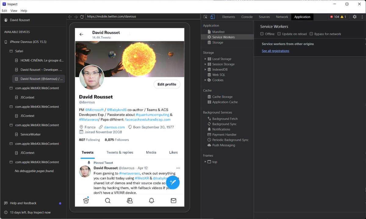 davrous's tweet photo. Really impressed by @inspectdev! Remote debug your web app running on iPhone iOS from your Windows 😍. However, I couldn't debug the service worker or see the manifest of a PWA with it. There are maybe some limitations on iOS on this. https://t.co/6o28fDGZKX