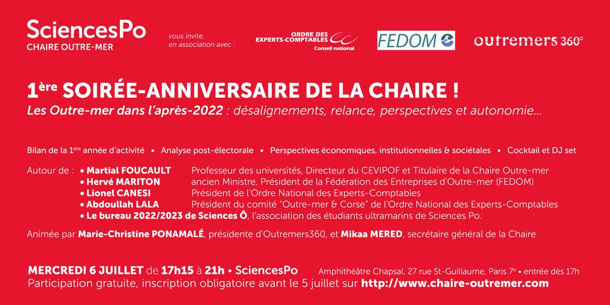 Le 6 juillet à @SciencesPo, notre Chaire #OutreMer fêtera son 1er anniversaire ! 🥳

Nous vous invitons à partager ce moment, entre bilan d'activité, recherches inédites, état des lieux économique, débat avec la jeunesse et… cocktail 😉

Inscrivez-vous ➡️ chaire-outremer.com