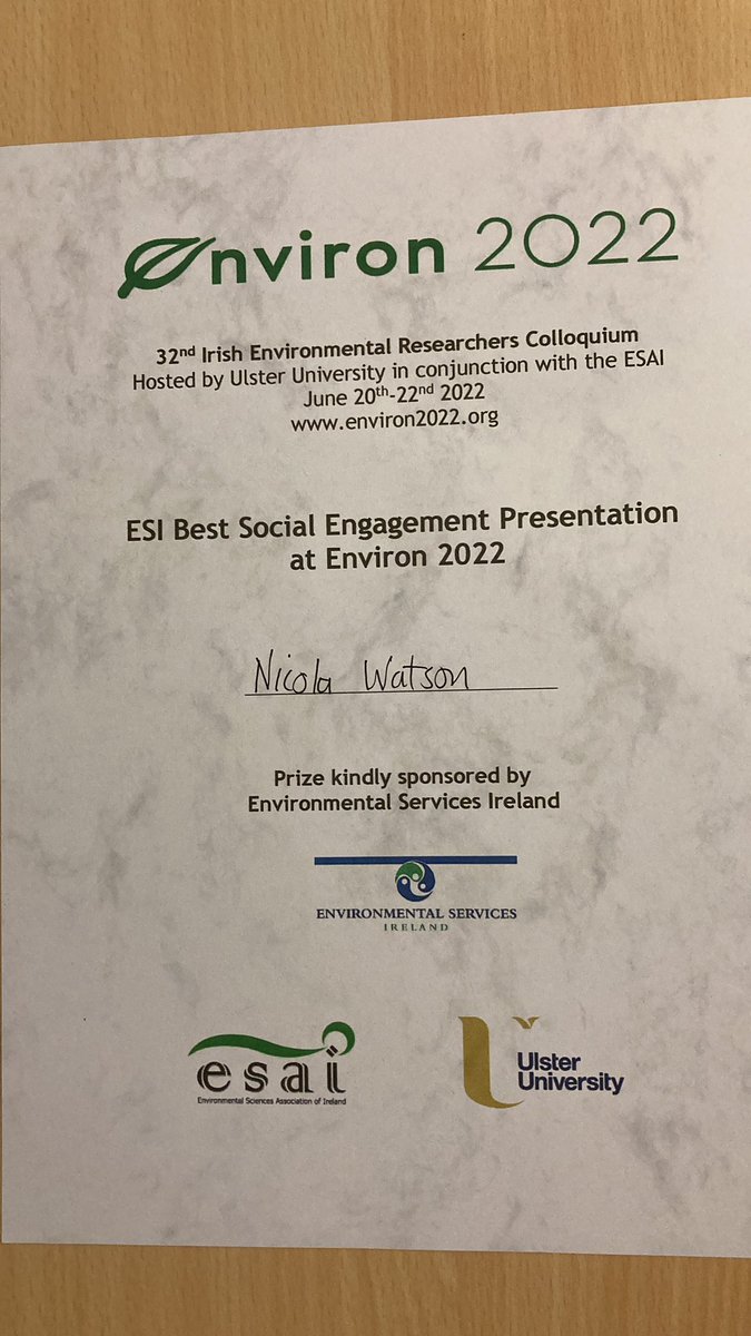 Really enjoyed the whole #Environ2022 conference held at Ulster University in Belfast the last three days. Chuffed to win a prize. @UlsterUniPhD @UlsterUni @UlsterUniLHS