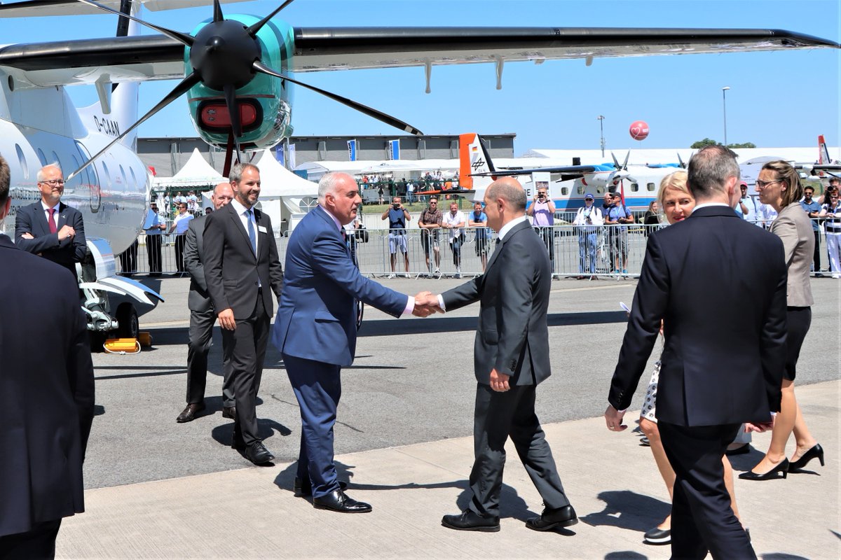 It was an immense honour to welcome the German Chancellor <a href="/OlafScholz/">Olaf Scholz</a> today next to our Dornier328 at #ILA22. We briefly discussed how #DeutscheAircraft is working toward the goal of offering #climateneutral aviation solutions within the shortest term. Exciting times ahead!