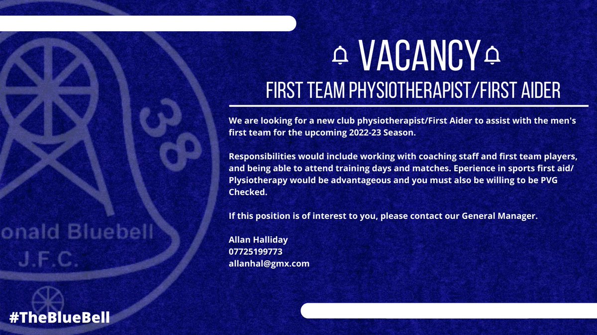 Dundonald Bluebell FC (@dbfc1938) on Twitter photo ๐ต๐ ๐ฉ๐ฎ๐ฐ๐ฎ๐ป๐ฐ๐ ๐ต๐
๐คWe are looking to add a Physiotherapist/First Aider to the club's first team support staff.
Please get in touch if this is of interest of you, or know anyone that may be interested.
๐ง๐
Allanhal@gmx.com
07725199773
#TheBlueBell๐ต๐ ๐ต๐ ๐ฉ๐ฎ๐ฐ๐ฎ๐ป๐ฐ๐ ๐ต๐
๐คWe are looking to add a Physiotherapist/First Aider to the club's first team support staff.
Please get in touch if this is of interest of you, or know anyone that may be interested.
๐ง๐
Allanhal@gmx.com
07725199773
#TheBlueBell๐ต๐