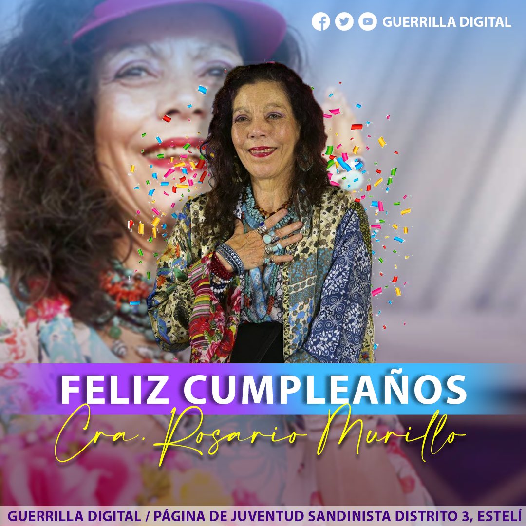 #4319FuerzaDeVictoria | El 22 de junio de 1951, nace en Managua la Cra. Vicepresidente de la República de #Nicaragua, Rosario Murillo Zambrana. Juventud Sandinista, Distrito 3, #Esteli le desea un ¡Feliz cumpleaños! 🎊❤️🖤 #Carlos86SeguimosVenciendo #JSEsteliD3