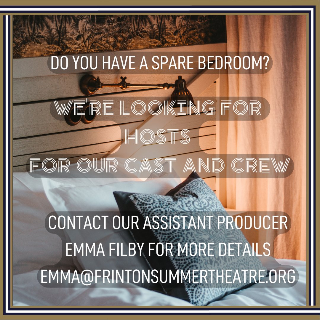 If you're local to Frinton and have a spare bedroom, please consider hosting one of our actors or crew members this August, for a nightly stiped. Contact Assistant Producer Emma Filby for more details: Emma@frintonsummertheatre.org

#FrintonSummerTheatre2022 #MonthOfCommunity