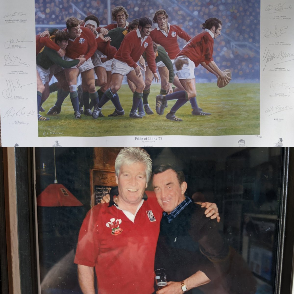 RussellGbr's tweet photo. Phil Bennett Wales and British Lions legend who passed away recently with  all the team visited my bar in Durban with undefeated 1974 Lions team and with me in my Restaurant in Jersey. Magic memories.

#Rugby #britishlions74 #philbennet https://t.co/KhqnLA5N1C