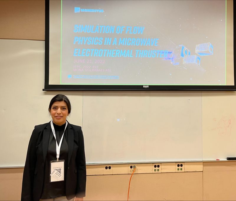 momentusspace's tweet image. Three space cheers for our Senior Innovation Engineer Mona Golbabaei for presenting the paper “Simulation of Flow Physics in a Microwave Electrothermal Thruster” at this year&apos;s International Electric Propulsion Conference! #IEPC2022