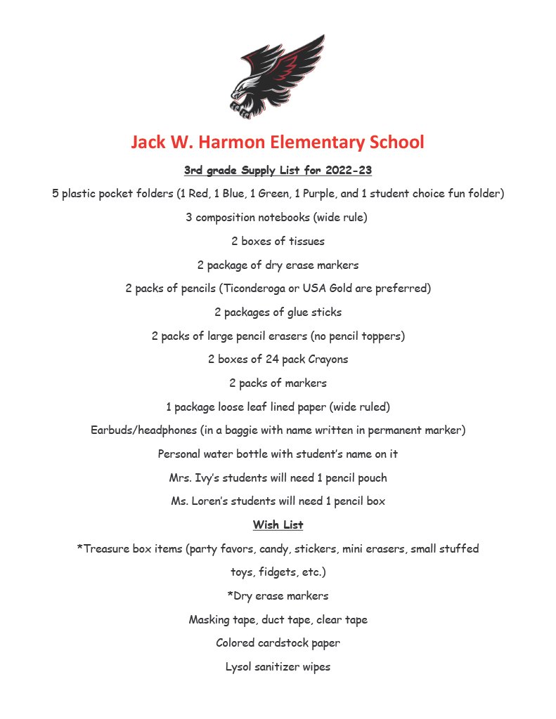 HarmonElemHawks's tweet photo. Harmon Supply Lists K-3! https://t.co/Q9QcE6NE8I