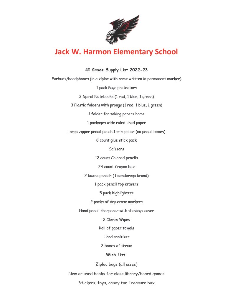 HarmonElemHawks's tweet photo. Harmon Supply Lists 4th-6th grade! https://t.co/XEPIpW65fv
