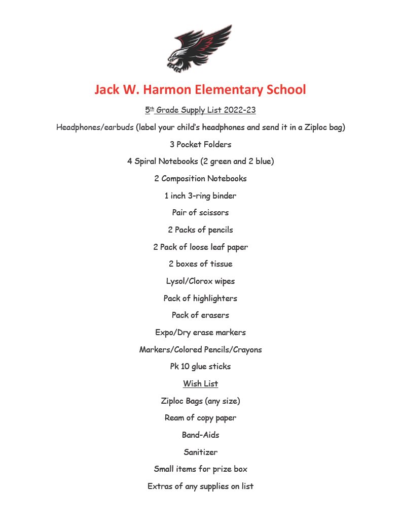 HarmonElemHawks's tweet photo. Harmon Supply Lists 4th-6th grade! https://t.co/XEPIpW65fv