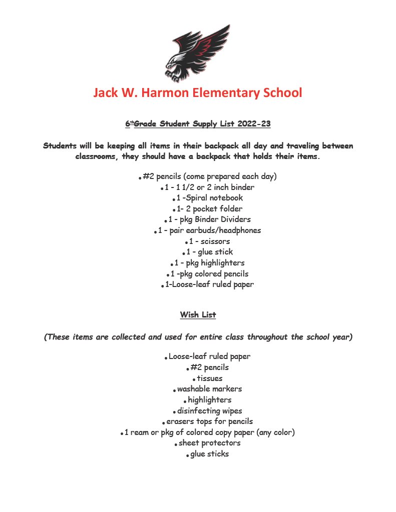 HarmonElemHawks's tweet photo. Harmon Supply Lists 4th-6th grade! https://t.co/XEPIpW65fv