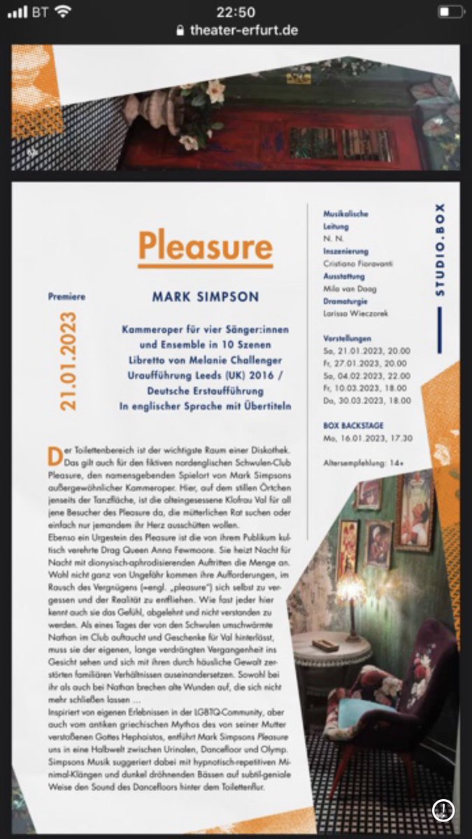 My opera ‘Pleasure’ receives its German premiere in Erfurt next season! 🔥🚽🕺💃💊💀 @theatererfurt @Boosey