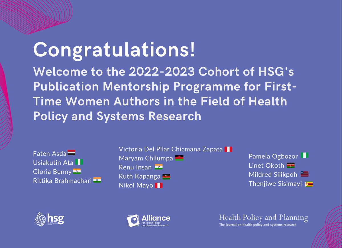 H_S_Global's tweet photo. Congratulations to our 2022-2023 Cohort for the @H_S_Global @AllianceHPSR @HPP_LSHTM Publication Mentorship Program! This program will provide one-to-one support from paired mentors to convert their work into a publishable manuscript. 
Learn more: https://t.co/mwX835OGVe #HSR2022 https://t.co/Qm7ggceDh6