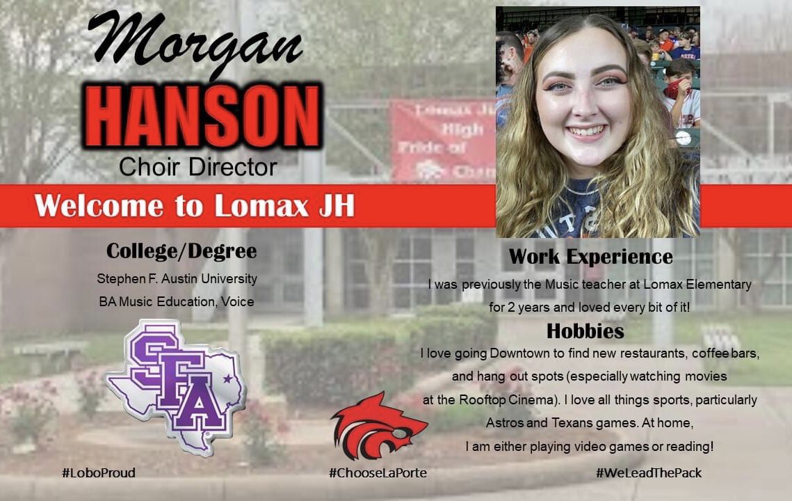LXJ_LOBOS's tweet photo. Hey Lobos! Please welcome Ms. Morgan Hanson to the Lobo Family! She is going to be a great addition to LXJ! #LoboProud #WeLeadThePack #ChooseLP https://t.co/MO03iNbQVU