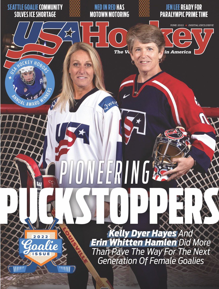 Thank you USA Hockey for featuring me and long time goalie partner Erin for the 2022 Goalie Issue. Perfect timing with the 50th anniversary of Title IX.
#TitleIX 
#womeninspiringwomen