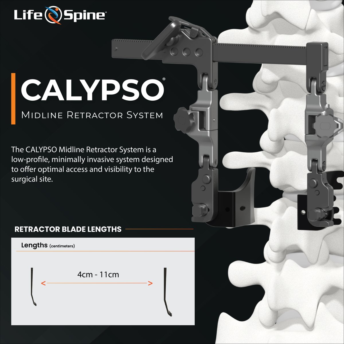 Life_Spine's tweet photo. The CALYPSO Midline Retractor System is a low-profile, minimally invasive system designed to offer optimal access and visibility to the surgical site.

Learn more at – https://t.co/0k1ez0QruX

#LifeSpine #MedicalDevice #SpineSurgery #SpineExperts #SpinalCompany https://t.co/BDQPBHcrLI