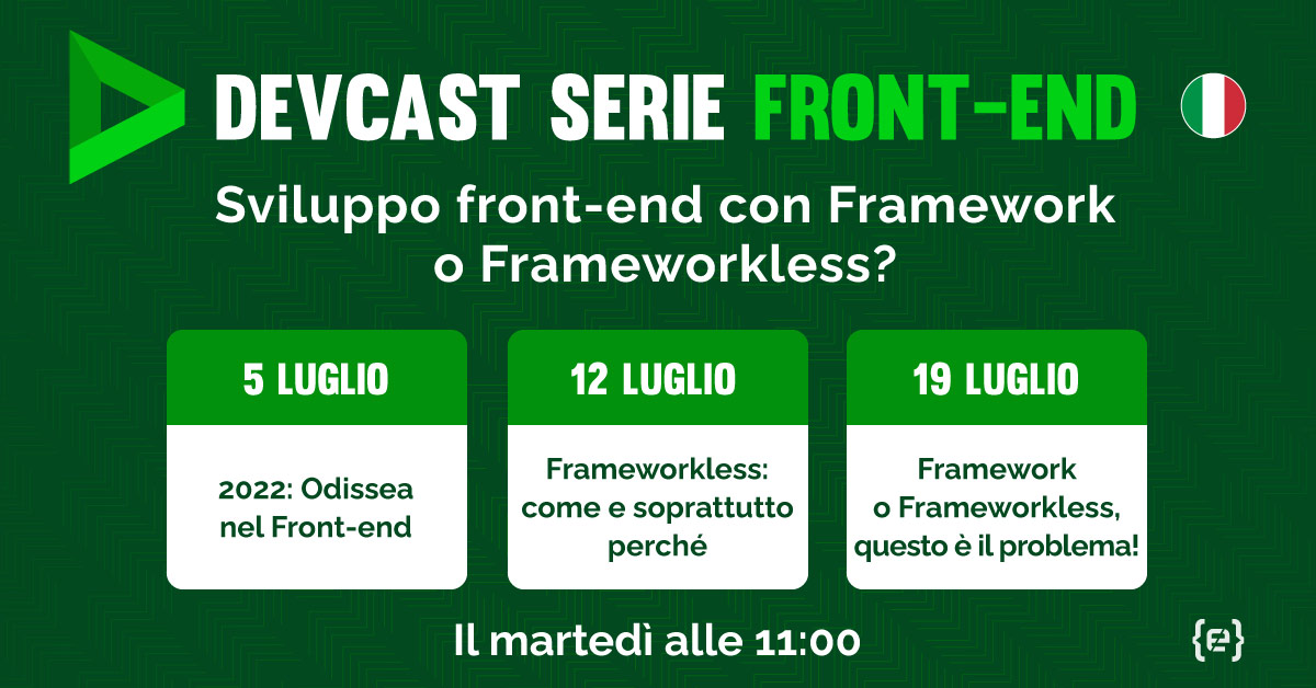 CodemotionIT's tweet image. È giunto il momento di rispondere all&apos;amletico dubbio 💀: framework o frameworkless?
Ti aspettiamo dal 5 luglio per il nuovo #DevCast #FrontEnd. Le registrazioni sono già aperte 👉 
live.codemotion.com/devcast/svilup…
🎙️ Francesco Sorrentino, @TheStrazz86, @apomic80