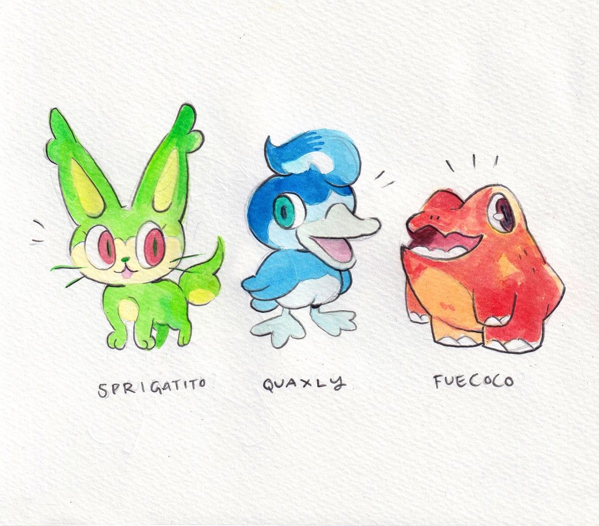 no humans pokemon (creature) open mouth starter pokemon trio blue eyes white background smile  illustration images