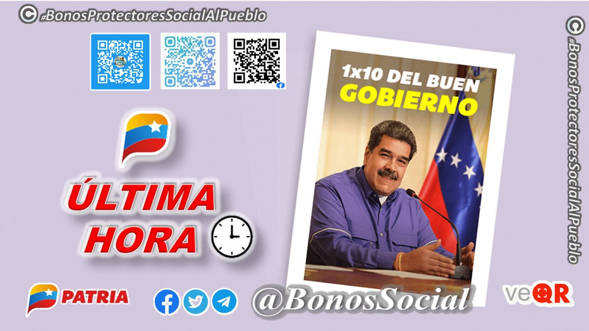 🖥️#ÚLTIMOSDÍAS: Hasta el día de hoy #22Jun finalizará la entrega del #Bono1x10DelBuenGobierno a través del Sistema <a href="/CarnetDLaPatria/">Carnet de la patria</a> enviado por nuestro Pdte. <a href="/NicolasMaduro/">Nicolás Maduro</a>.

<a href="/BonosSocial/">Bonos Protectores Social Al Pueblo</a> 
#RefuerzaTuVacuna