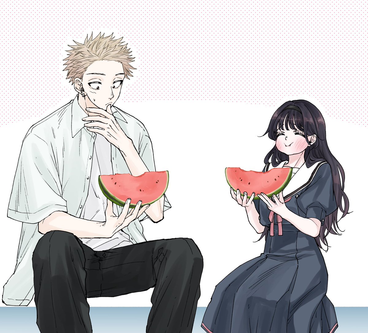 1girl food 1boy watermelon fruit eating holding food  illustration images