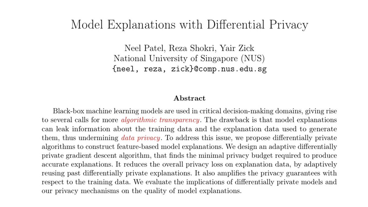 rzshokri's tweet photo. Can we explain models while preserving data privacy? @FAccTConference #FAccT2022 In a joint work with @Neel88pat and @YairZick, we design DP algorithms for model explanations, and study the implications of DP on the variance and usefulness of explanations. https://t.co/RxHaBX1oSM https://t.co/i2OAsAaWnc