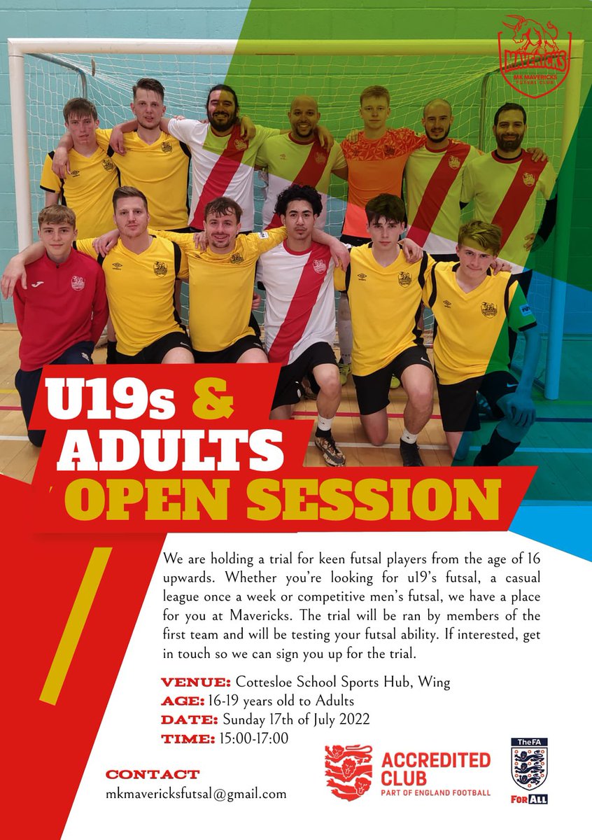 🚨 FUTSAL TRIALS 🚨

Look below for details for our very own first team and u19’s team!

Whether looking for casual futsal or something more competitive don’t hesitate to get in touch

If interested, please fill in the form below 👇 

forms.gle/8W6KmodxaJi9Ze…

#mavericks #trials