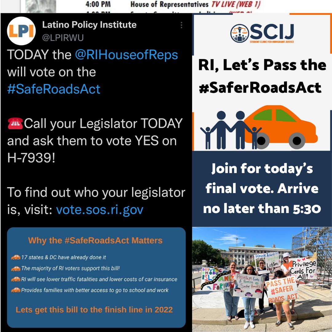 TODAY the RI House will vote on the #SafeRoadsAct

☎️Call your Legislator TODAY and ask them to vote YES on H-7939! 

To find out who your legislator is, visit: vote.sos.ri.gov

H/T to @LPIRWU for sharing this!