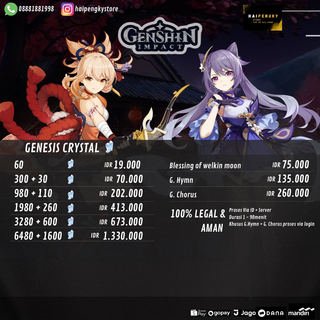 pepengky's tweet photo. Update harga terbaru top up all game
Mobile legend diamond - uc pubg mobile - diamond free fire - genesis crystal genshin impact
Order bisa ya atau wa 08881881998
Legal100%
Termurah , Proses cepat , Fast respon
#topupmobilelegends #topupgenshinimpact #topupfreefire #topupgame https://t.co/amRsvIrte7