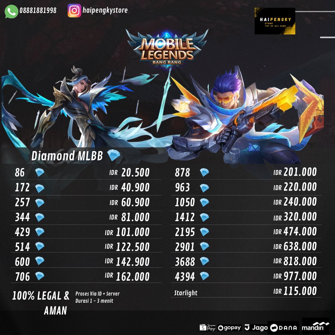 pepengky's tweet photo. Update harga terbaru top up all game
Mobile legend diamond - uc pubg mobile - diamond free fire - genesis crystal genshin impact
Order bisa ya atau wa 08881881998
Legal100%
Termurah , Proses cepat , Fast respon
#topupmobilelegends #topupgenshinimpact #topupfreefire #topupgame https://t.co/amRsvIrte7