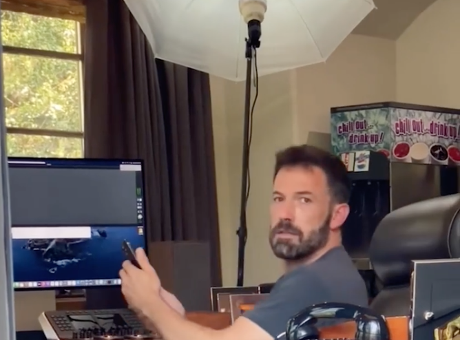 j.lo posted a father's day vid of ben affleck, and he appears to a diet pepsi fountain in his office??