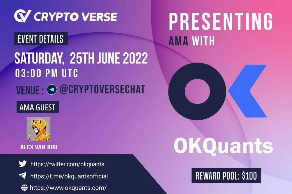 Crypto Verse Will host an #AMA Session with <a href="/okquants/">OKSpace₿</a> 25 June At 03:00 PM UTC

🏡 Venue t.me/CryptoVerseChat

💰 Reward:- 100$

📌Rules 
💠 Follow <a href="/okquants/">OKSpace₿</a> &amp; <a href="/CryptoVerse_co/">Crypto Verse</a>
💠 Like and Retweet
💠 Comment Question &amp; Tag 3