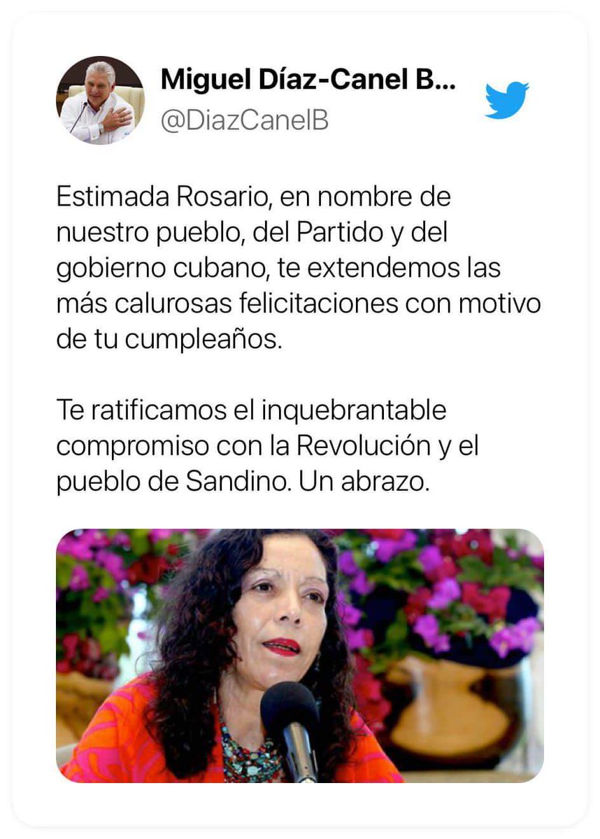 Presidente de #Cuba, Miguel Díaz Canel felicita a la Cra. Rosario Murillo, Vicepresidenta de #Nicaragua