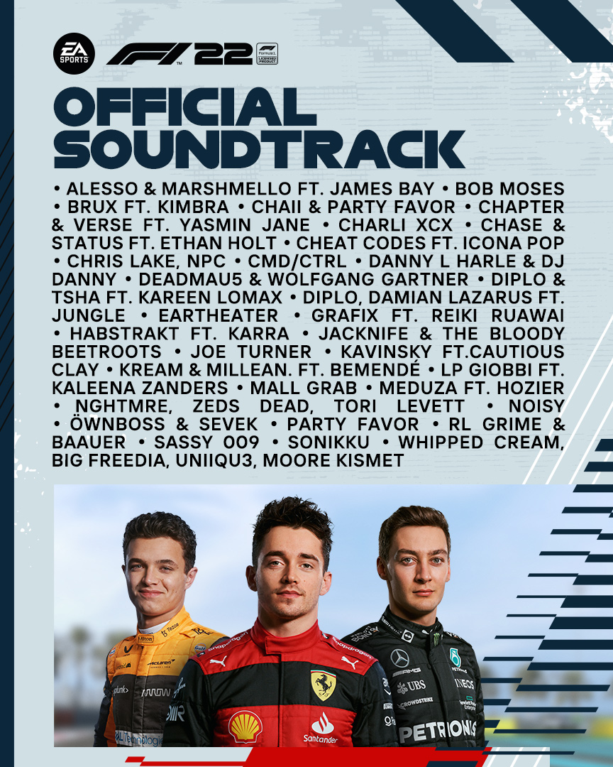 EASPORTSF1's tweet photo. Introducing your #F122game soundtrack 🎧

For the first time in the series' history, F1® 22 will feature a hand-picked playlist from the world of EDM ⚡

Feat. @charli_xcx, @diplo, @deadmau5, @chaseandstatus, and many more...

Listen now on Spotify 👉 https://t.co/sMn1aHMBhZ https://t.co/Z0Dq7MtG5z