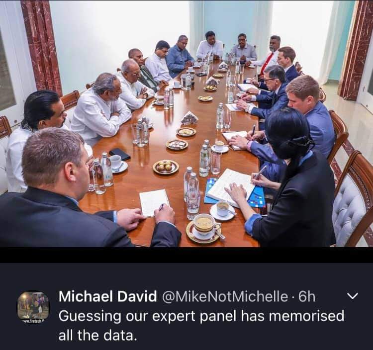 FarhadMMAF's tweet photo. A set of people
1. Taking notes 
2. Tea cups full &amp; untouched 

Another set of people 
1. Notes nothing 
2. Tea cups empty 

And do you see a donkey with airpods in ears?
#copied 

#SriLanka #lka #GoHomeGota2022 
#EconomicCrisisLK https://t.co/2f7Je50lXE