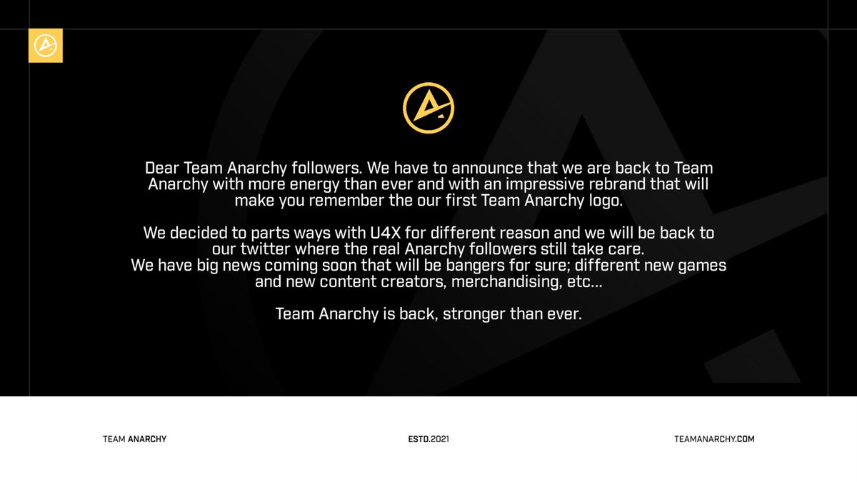 Hello y´all! Our other account @U4XAnarchy have been stolen and we are trying to get it back. Meanwhile we will be posting news on this account.
Here we go with the first announcement!
Also our discord server have been raided 😅 join us! 
discord.gg/9zG3TWkkD8
