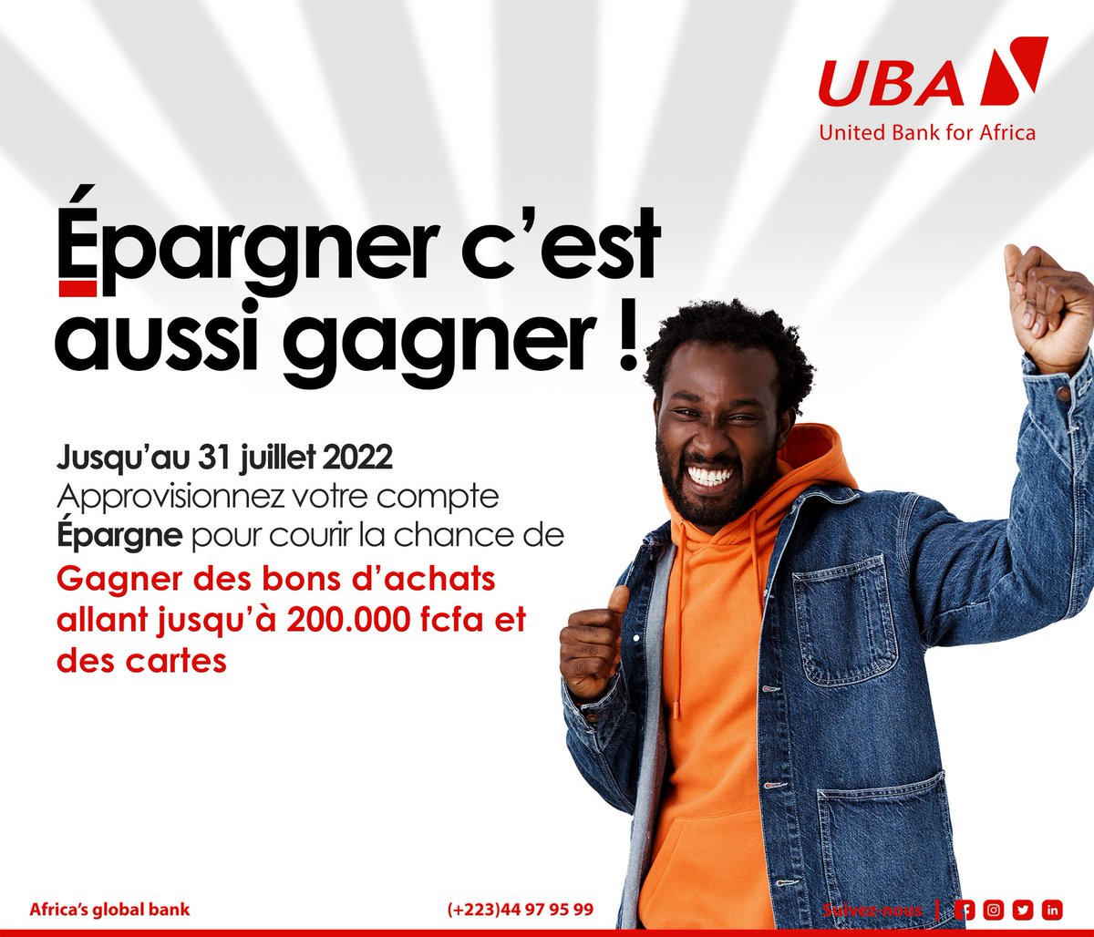 UBA_Mali's tweet photo. 🤩 La campagne dépôt épargne est en cours jusqu’au 31 juillet 2022 ����. Réapprovisionnez vos comptes épargnes et tentez de gagner 🎁🤗. Ne perdez plus de temps !
#campagne #reactivationdecomptes #bondachat #LabanqueDigitale
#UBAMali #AfricasGlobalBank https://t.co/vBihSZznea
