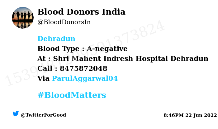 Blood Donors India (@blooddonorsin) on Twitter photo #Dehradun
Need #Blood Type : A-negative
Blood Component : Platelets
Number of Units : 2
Primary Number : 8475872048
Secondary Number : 8077300322
Patient : Sunita Thapa
Illness : Aplastic Anemia / Pancytopenia
Via: <a href="/ParulAggarwal04/">Parul Aggarwal</a>
#BloodMatters
Powered by Twitter #Dehradun
Need #Blood Type : A-negative
Blood Component : Platelets
Number of Units : 2
Primary Number : 8475872048
Secondary Number : 8077300322
Patient : Sunita Thapa
Illness : Aplastic Anemia / Pancytopenia
Via: <a href="/ParulAggarwal04/">Parul Aggarwal</a>
#BloodMatters
Powered by Twitter