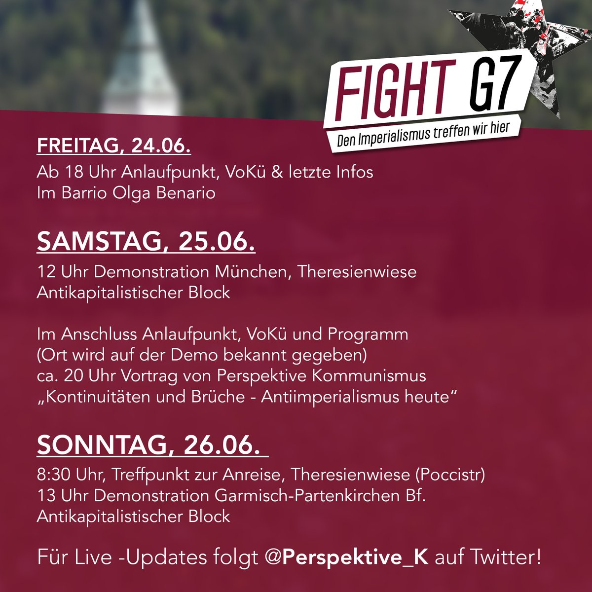 Bald beginnen die Proteste gegen den G7-Gipfel in Elmau. Wir haben für euch alle Infos zu unserer Mobilisierung und Wissenswertes zur Anreise zusammengefasst: perspektive-kommunismus.org/2022/05/25/fig… #StopG7 #G7Gipfel #fightg7