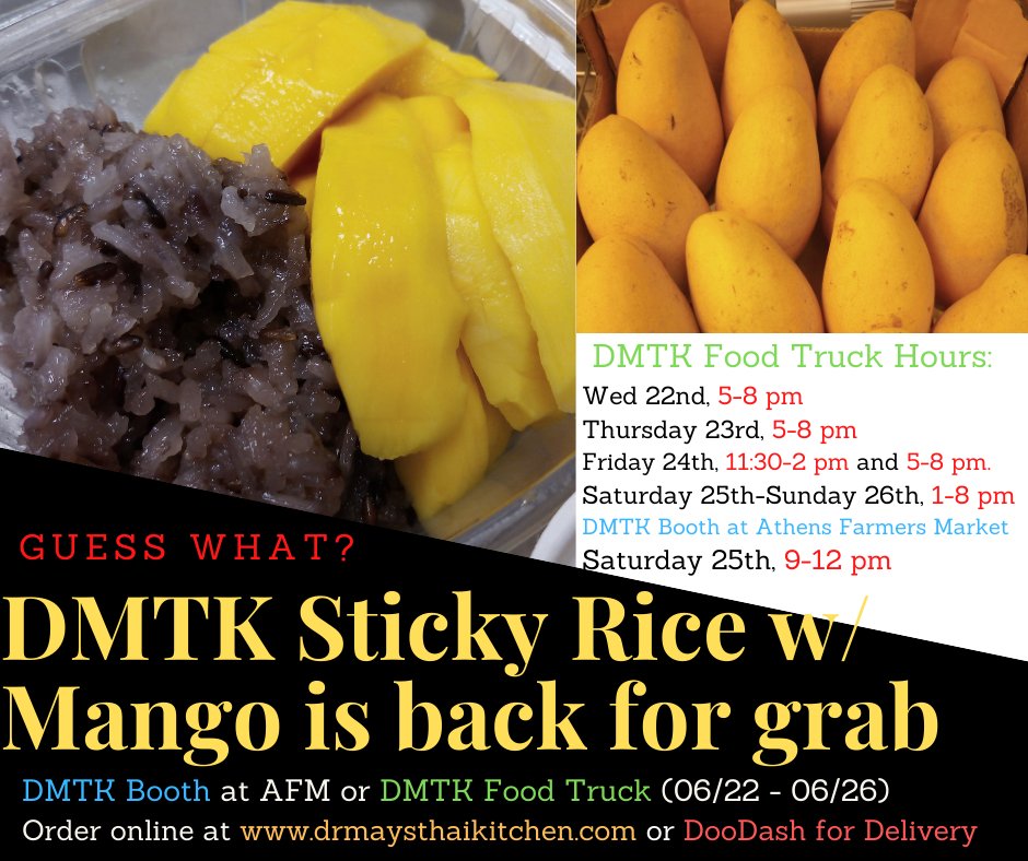 #DMTKFoodTruck #SummerHours 
DMTK food truck is ready to serve you once again. We have famous sticky rice &amp; mango ready for you this week! We will be open at lunch this Friday - if goes well, we will continue do Friday lunch during the Summer 2022. Thank you and see you all.