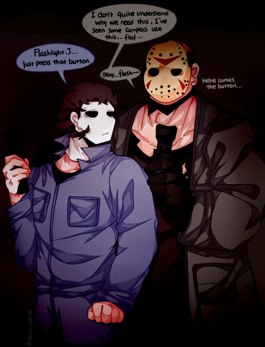 eweeppy's tweet photo. When Jason and Michael go to the haunted house👻
Flashlight💡

Jason:But you can't see either when the flashlight hits your eyes in DBD....
Michael:That's a different world....Don't force me to stab you.
#JasonVoorhees 
#MichaelMyers 
#jashael
#myerhees https://t.co/QtRI5Ku2Vv