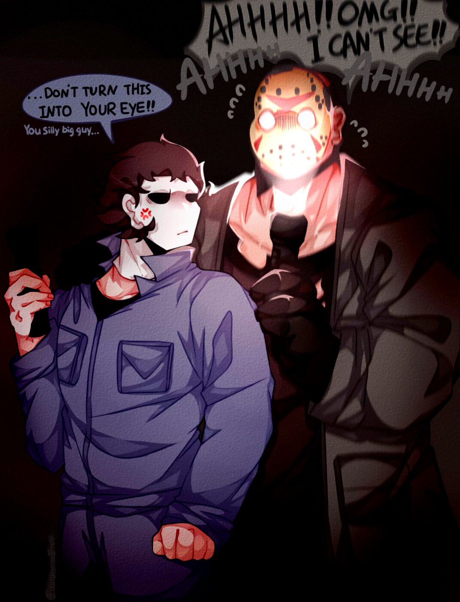 eweeppy's tweet photo. When Jason and Michael go to the haunted house👻
Flashlight💡

Jason:But you can't see either when the flashlight hits your eyes in DBD....
Michael:That's a different world....Don't force me to stab you.
#JasonVoorhees 
#MichaelMyers 
#jashael
#myerhees https://t.co/QtRI5Ku2Vv
