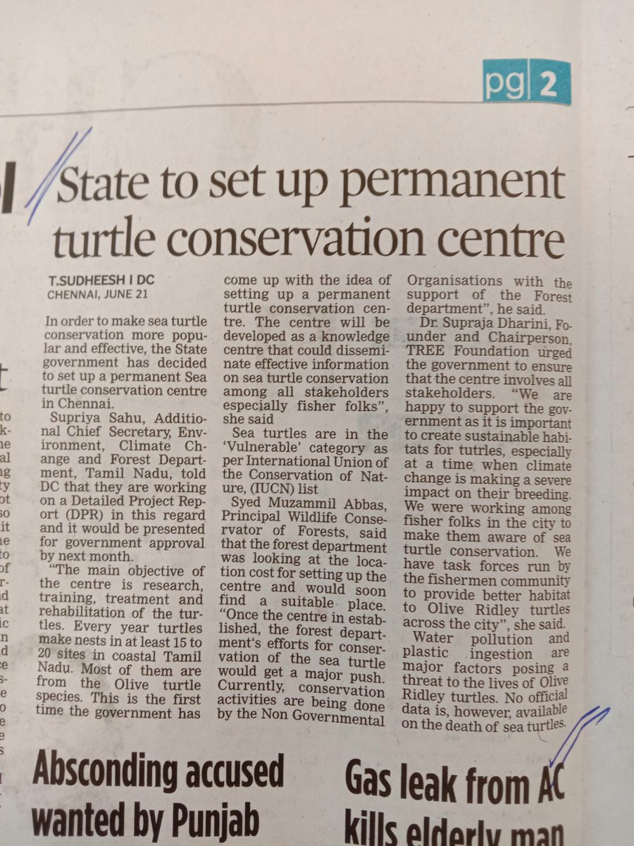 TREEFoundation1's tweet photo. Tamil Nadu to set-up permanent turtle conservation centre. Coverage in #DeccanChronicle. #TREEFoundation is happy to support the govt's initiative having worked for 20 years in Community Based Sea Turtle conservation. https://t.co/7hpMk4U7NE