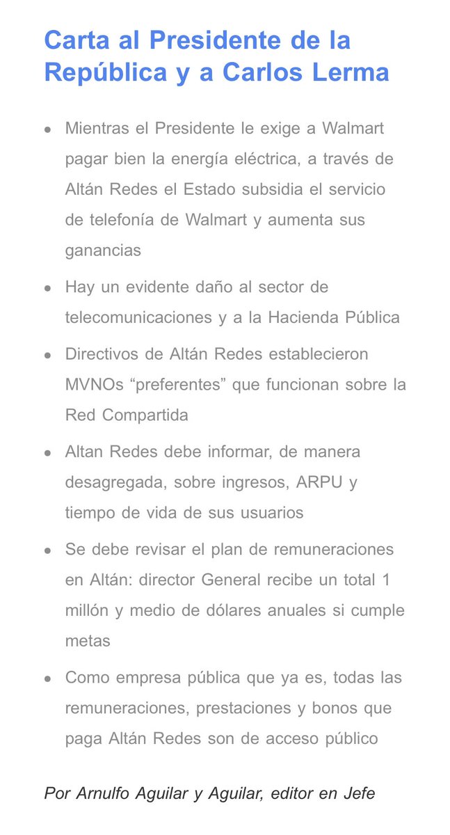 HoyenTelecom's tweet photo. .#EXCLUSIVA de HOY en TELECOM para SUSCRIPTORES

Carta al Presidente de la República @LopezObrador_ y a Carlos Lerma sobre @AltanMx y #LaRedCompartida.

. https://t.co/3ZfLIaTTFC