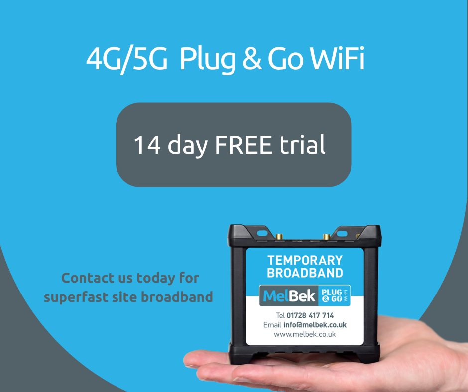 Fast and reliable broadband is an essential requirement on construction sites. Melbek 4G/5G broadband solutions are set up to achieve the best results, outperforming standard 4G/5G WiFi dongles.

A 14 day FREE trial is available with our 4G/5G Plug &amp; Go Wifi.

#BroadbandSolutions