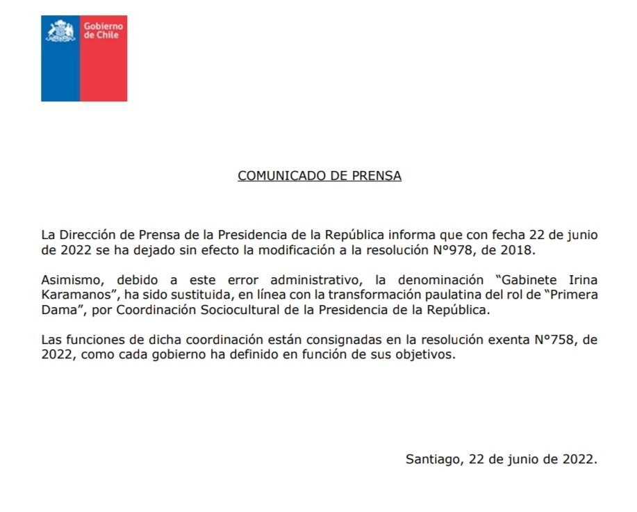 Gobierno acusa error administrativo y deja sin efecto resolución que cambiaba el nombre de "gabinete de primera dama" a "gabinete Irina Karamanos". <a href="/AgriculturaFM/">Agricultura</a>