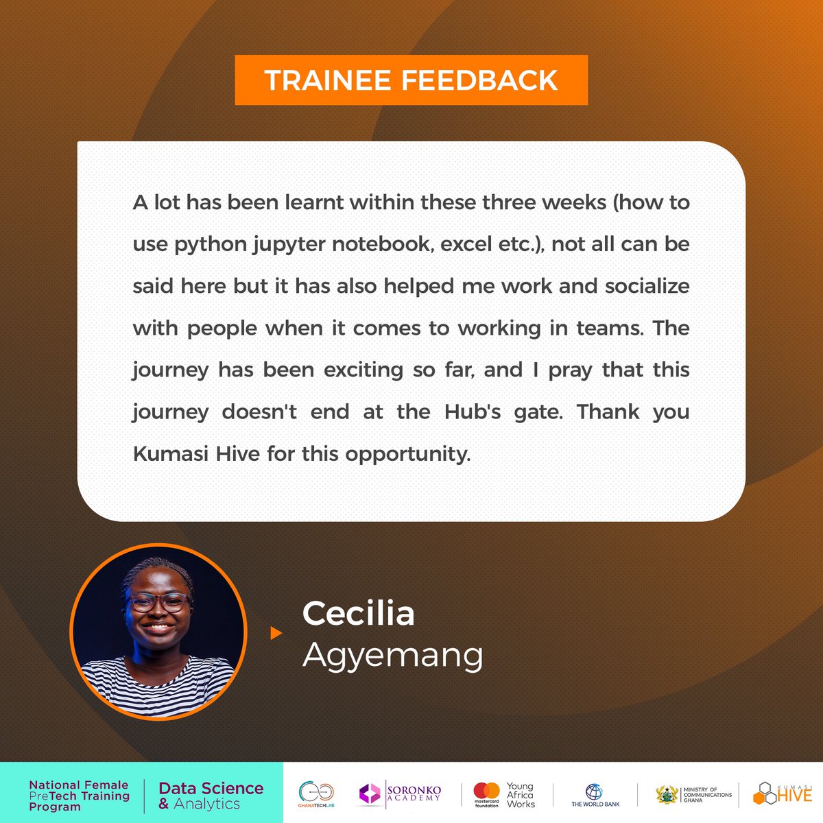 KumasiHive's tweet photo. Cecilia Agyeman is a beneficiary of the just-ended PreTech training in Data Science and Analytics. She shares with us her experience from the training.
#DataScience #HiveTribe #Hivelmpact #DataAnalytics #Feedback #Analytics #LadiesInTech #youngafricaworks #Ghana #Kumasi #pretech https://t.co/Swj95V7P1G